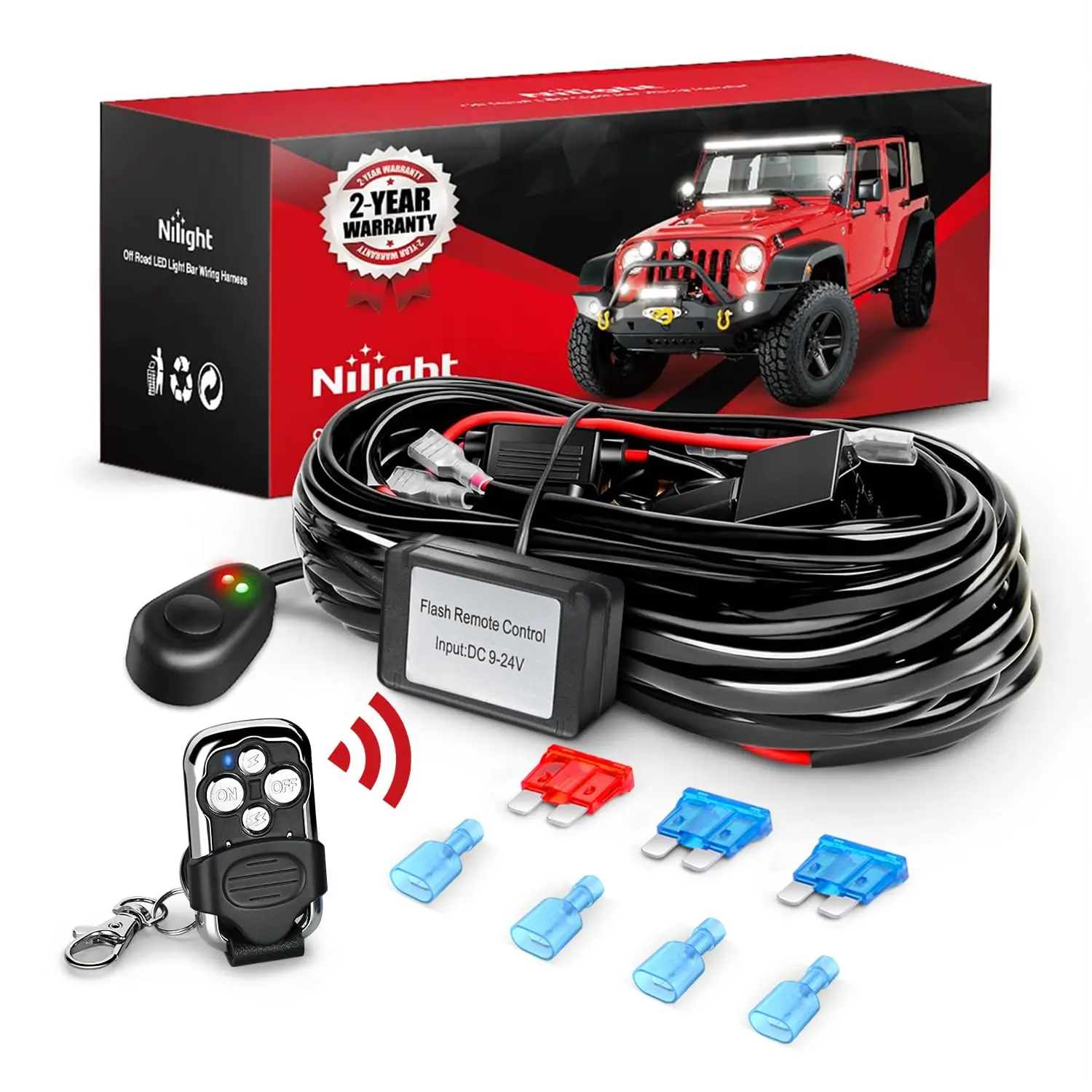Nilight 12V LED Light Bar Remote Wiring Harness - 15A 16AWG, Waterproof Power Relay, Blade Fuse, Wireless Strobe Light Module, 2-Leads Bar, On/Off Switch Remote Controller for Driving/Work Use, Light Bars