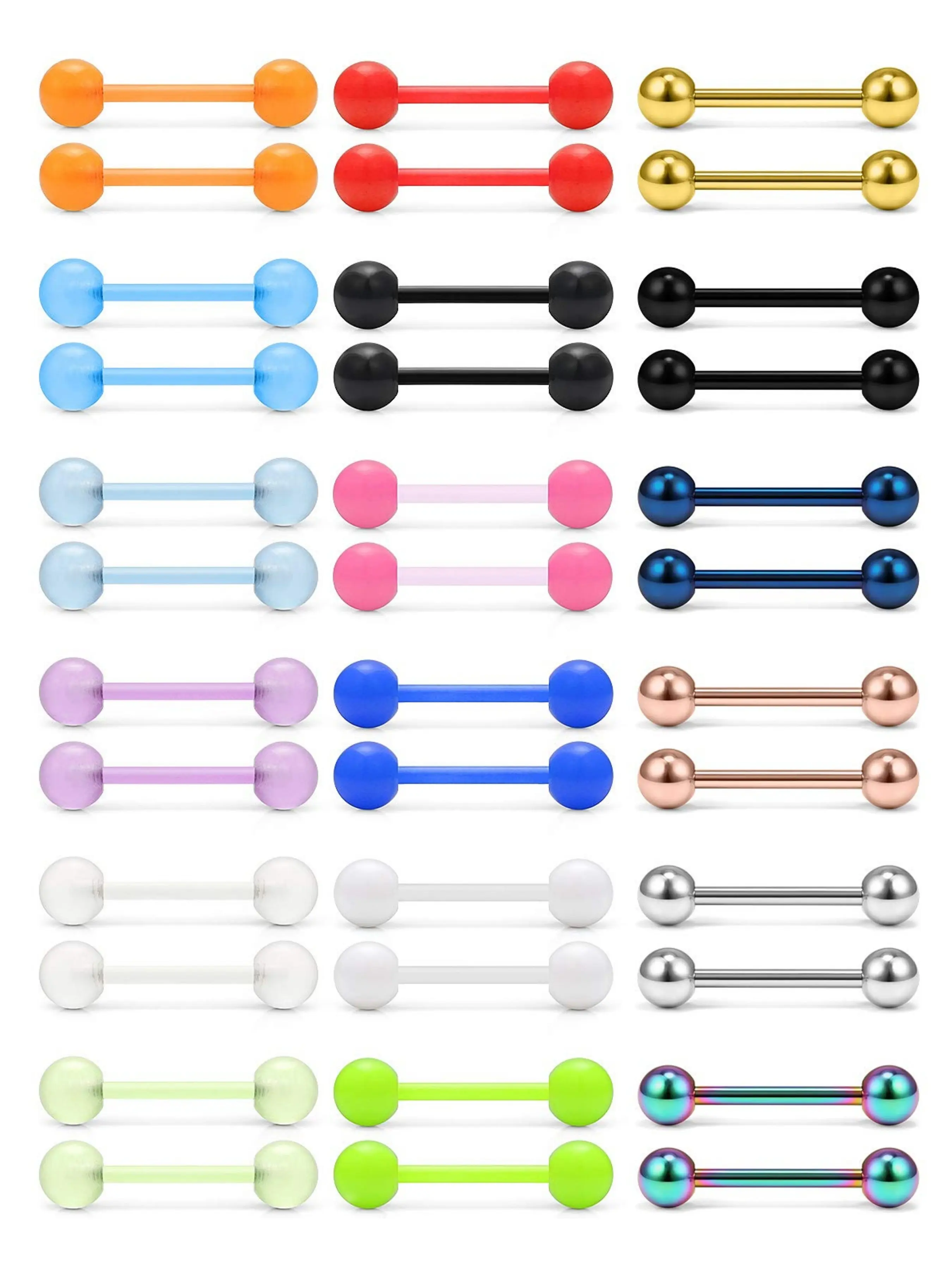 36pcs 14g 16mm Glow in the Dark Flexible Acrylic Straight Tongue Nipple Ring Retainer, Mouth Jewelry Body Jewelry Set for Piercings Body Piercing Kit