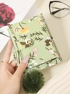 Fashionable and minimalist short double stack wallet, with a Pom pom Charm lightweight portable small credit card holder and notepad, women's multifunctional handbag and coin wallet,