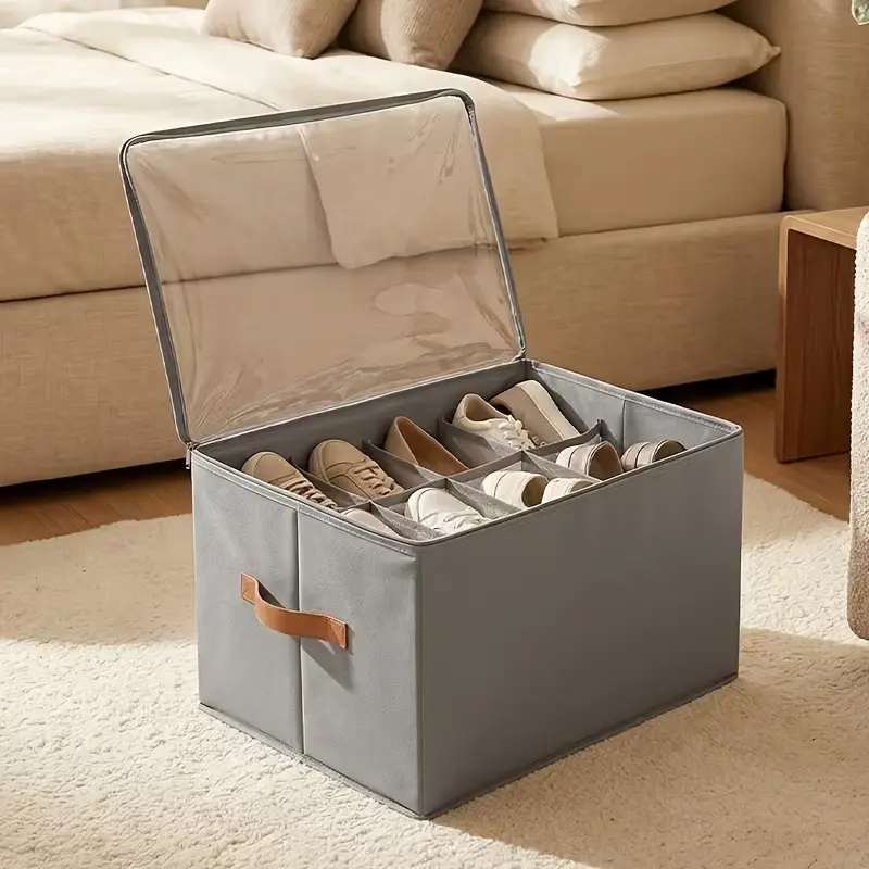 Foldable Shoe Organizer Box with Adjustable Dividers and Clear Cover - Fabric Shoe Storage for Closet or Shoe Bench, Dustproof Space-Saving Organizer Fits 12-16 Pairs, Stackable and Breathable