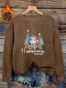 Women's Christmas Hamster Print Sweater, Long Sleeve Round Neck Pullover, Soft Elastic Fabric, Casual Fall & Winter Top