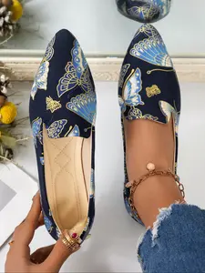 New Spring Autumn Dance Shoes for Women, Casual Versatile Fashion Pointed Toe Flat Low Heel Single Shoe, Colorful Print Wedding Shoes, Butterfly Decorated Soft Sole Loafers, Footwear