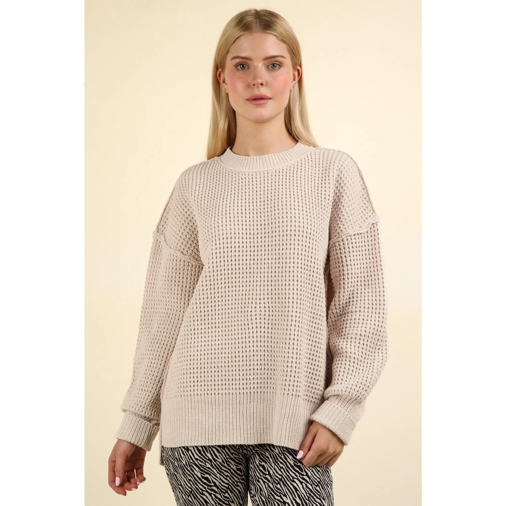 Soft Comfy Oversized Knit Sweater Pullover Top - Taupe
