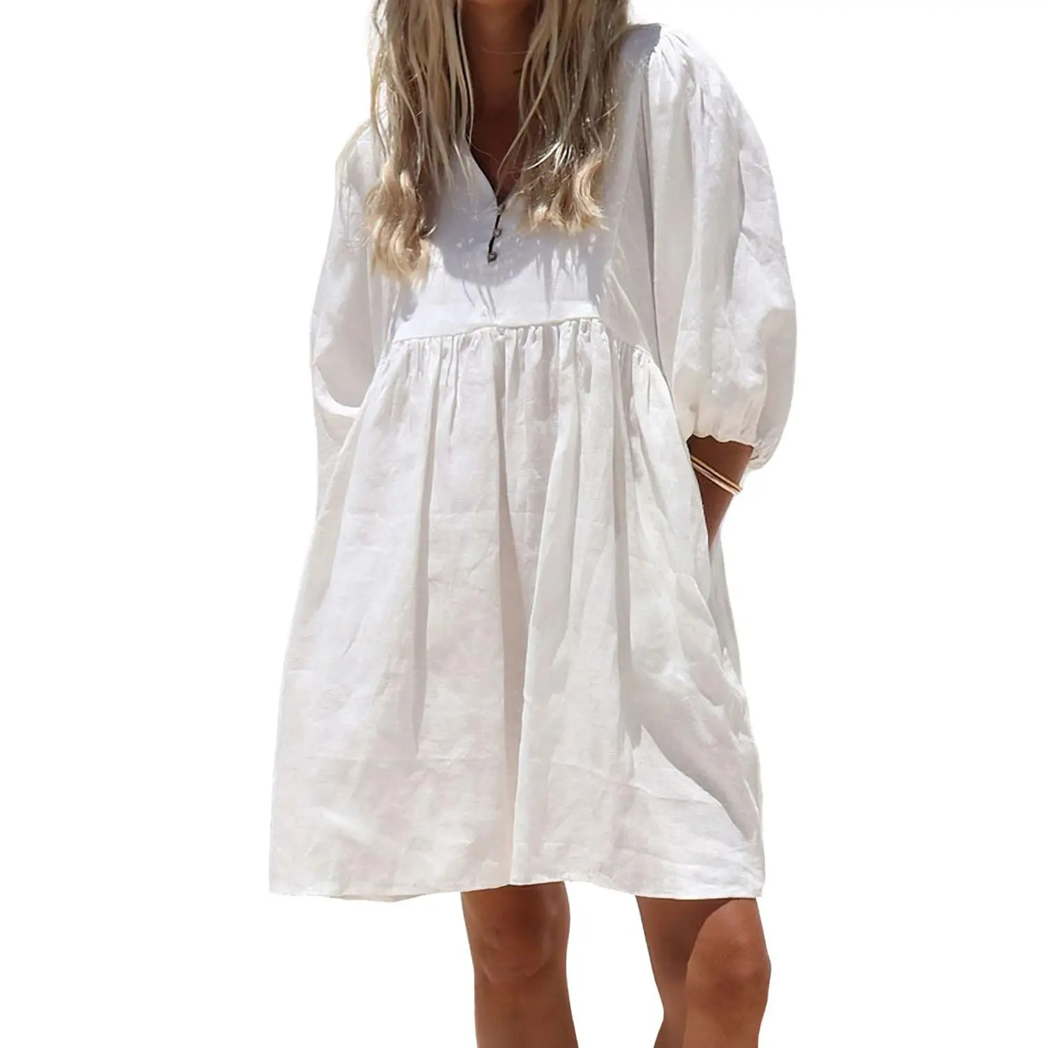 Chouyatou Lady's Light Loose Cute Summer V-Neck Puff-Sleeve Cotton Short Vacation Babydoll Dress with Elastic Details, Fit, Casual Wear, Button, Beach, Basic, Fashion Apparel, Women's Clothes, Puffy, Above Knee, Button Front, Daily, Breathable, Lightweigh