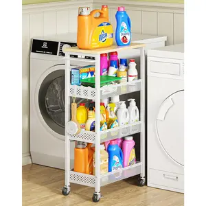 Utility Slim Storage Cart, 4-Tier Narrow Bathroom Organizers and Storage Cart, Narrow Metal Kitchen Laundry Room Organization Shelf with  Top, Slim Rolling Carts with Wheels for Small Space