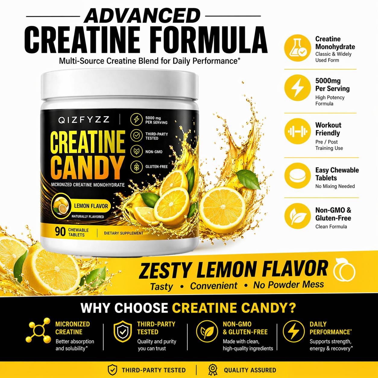 Creatine Candy Chewable Tablets 5000mg Per Serving, Micronized Creatine Monohydrate, Lemon Flavor, Pre & Post Workout Energy Support, Non-GMO, Gluten-Free, 90 Count Dietary Supplement