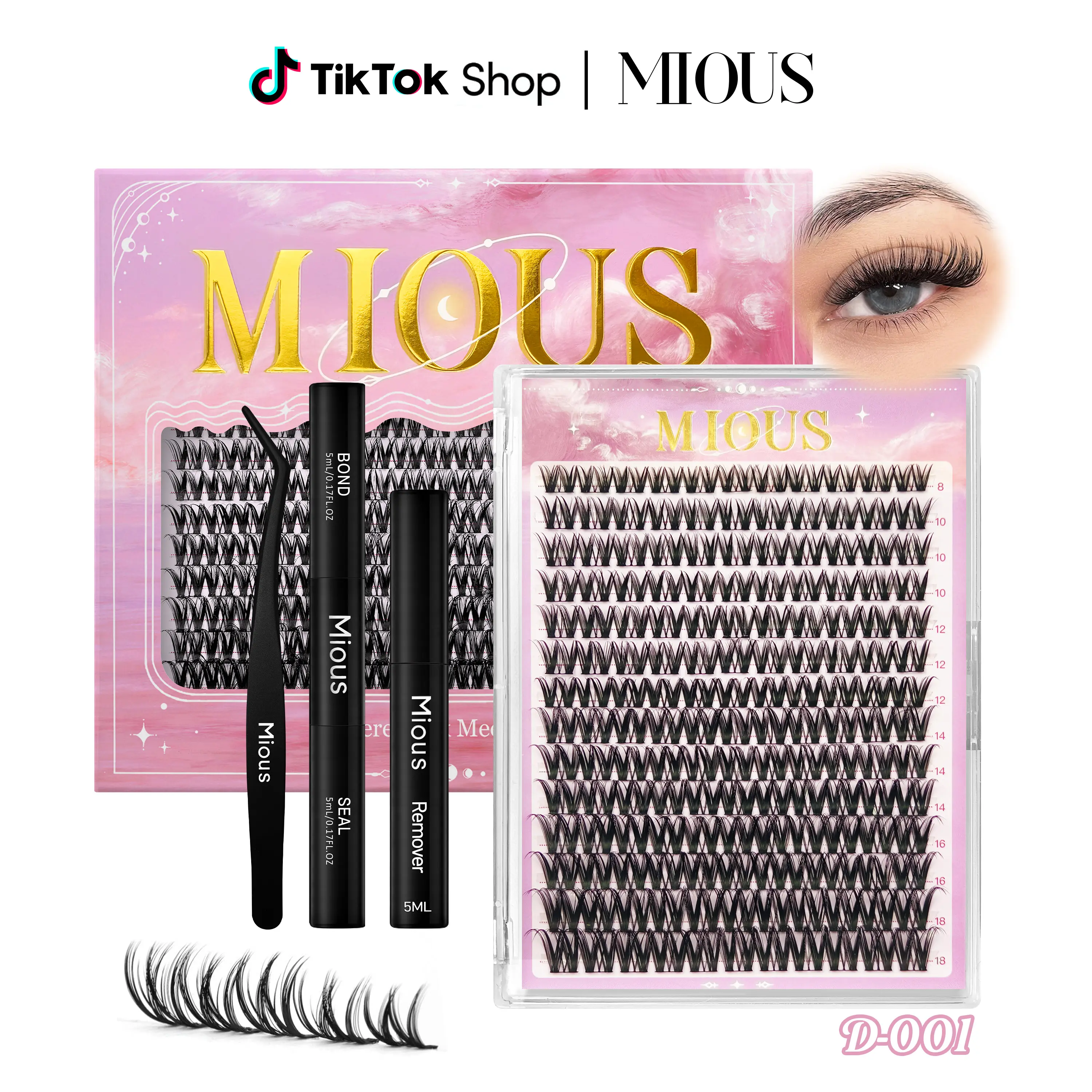 Mious D-001 Flora Lash Clusters Kit with Bond and Seal, Tweezers and Remover, Fluffy Individual Cluster Lashes 8-18mm Mixed Length, Soft DIY Eyelash Extension, Beginners Easy At-Home Application Eyelash Set