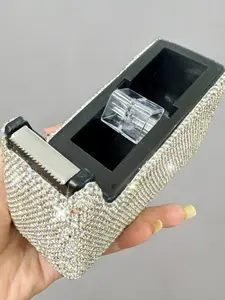 Luxury Rhinestone Transparent Tape Cutter, Portable Small Size Adhesive Holder, High Aesthetic Desktop Stationery Art Supplies