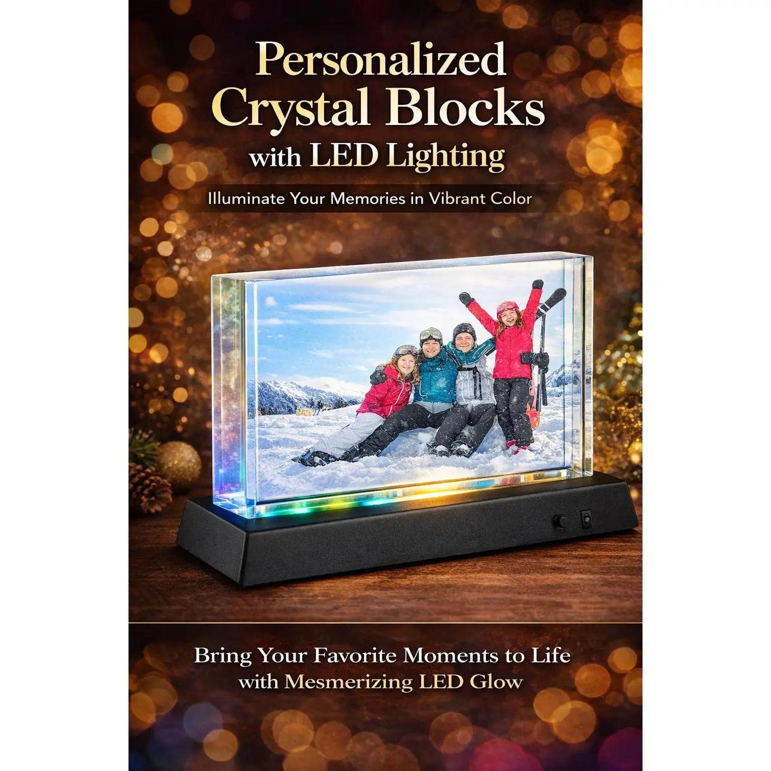 Personalized Crystal Photo Block with LED Base, Custom 4x6 Illuminated Keepsake