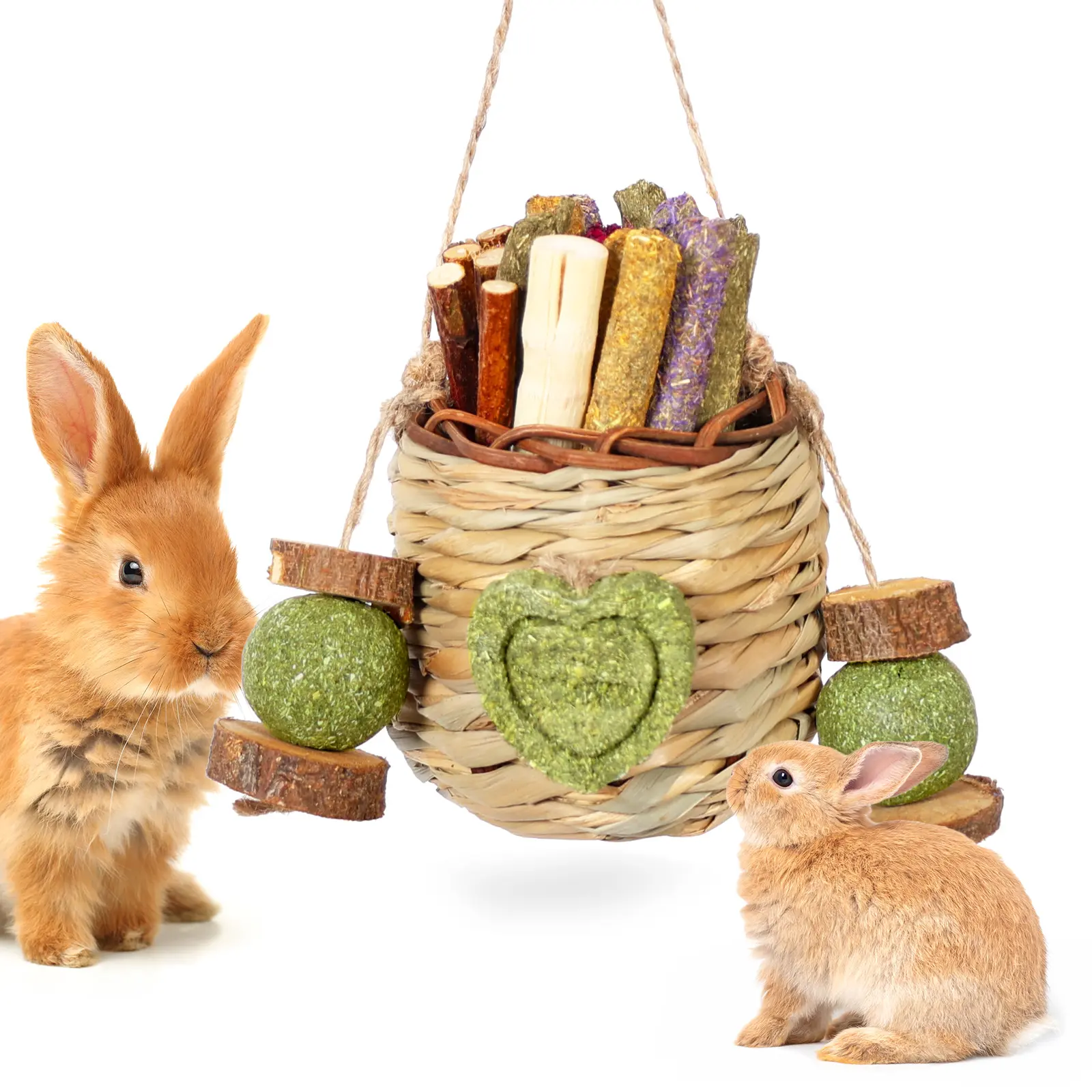 Floral Durable Chew Rabbit Supplies Hanging Basket Set with Sweet Bamboo, Timothy Hay, Peach Sticks for Bunnies, Rodents (Chinchillas, Guinea Pigs, Hamsters, Rats) Teeth Grinding, Small