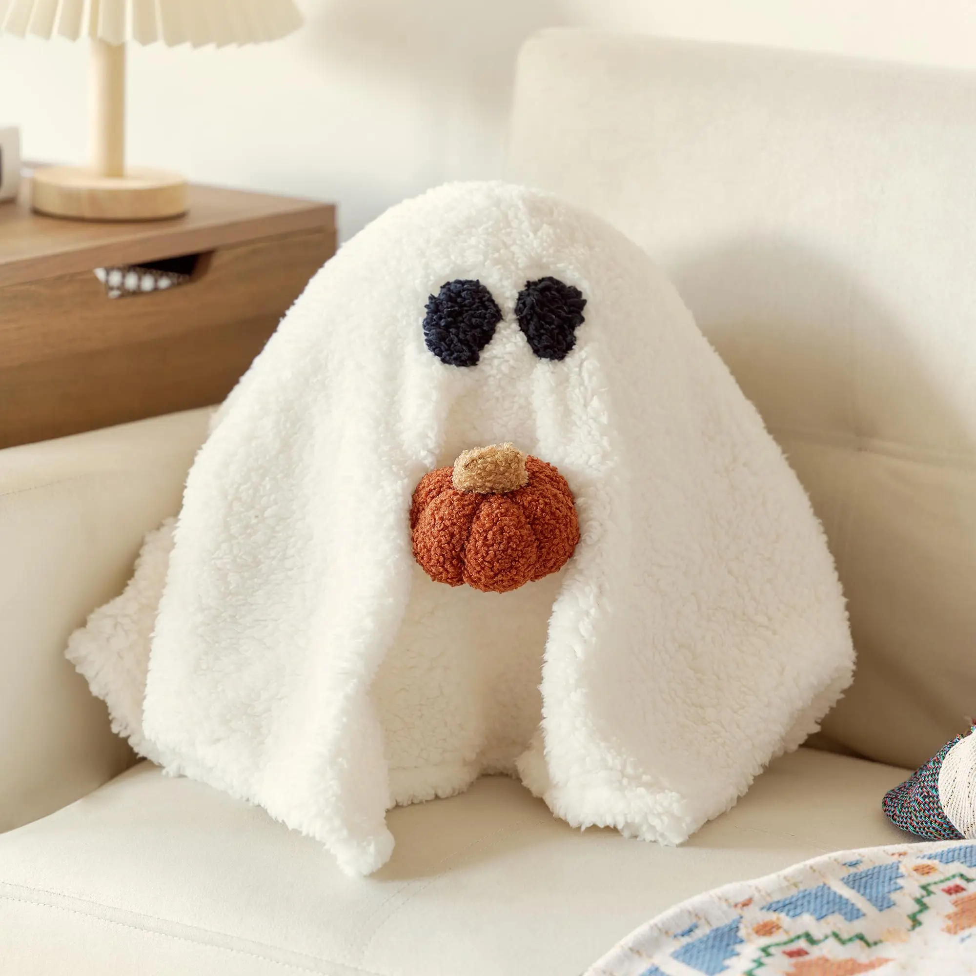 Cute Ghost with Pumpkin Pillow, 13"  x 12"  Halloween Ghost with Pumpkin Pillow for Fans Gift, Soft Stuffed Halloween Ghost Throw Pillow for Kids and Adults, Great Halloween Decorations