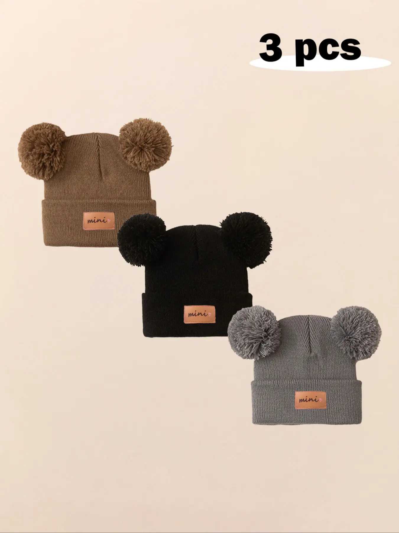 3pcs Baby Girl Newborn Toddler Pom-Pom Heart Beanie Hat, Cozy Knit Winter Warm Heart Cute Hat, Outdoor Baby Accessories Bonnet, Hat Set, Knitting Beanie, Beanies