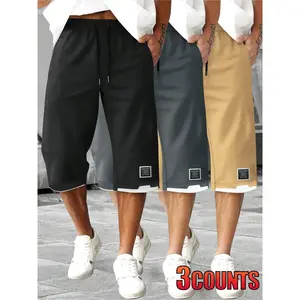 3pcs men's casual cargo shorts - lightweight and breathable polyester with adjustable drawstring waist and multiple pockets for summer outdoor sports and everyday wear (black, khaki, green), sporty cargo shorts in solid color and