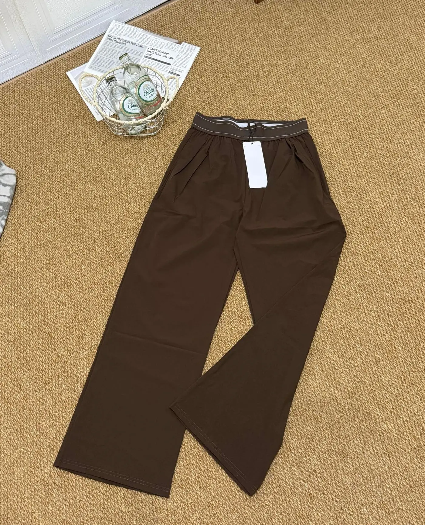 Women's Cooling Breathable Wide Leg Trousers, Contrast Stitch Elastic High Waistband, Front Invisible Gathered Pleats, Full Length Drape Straight Silhouette