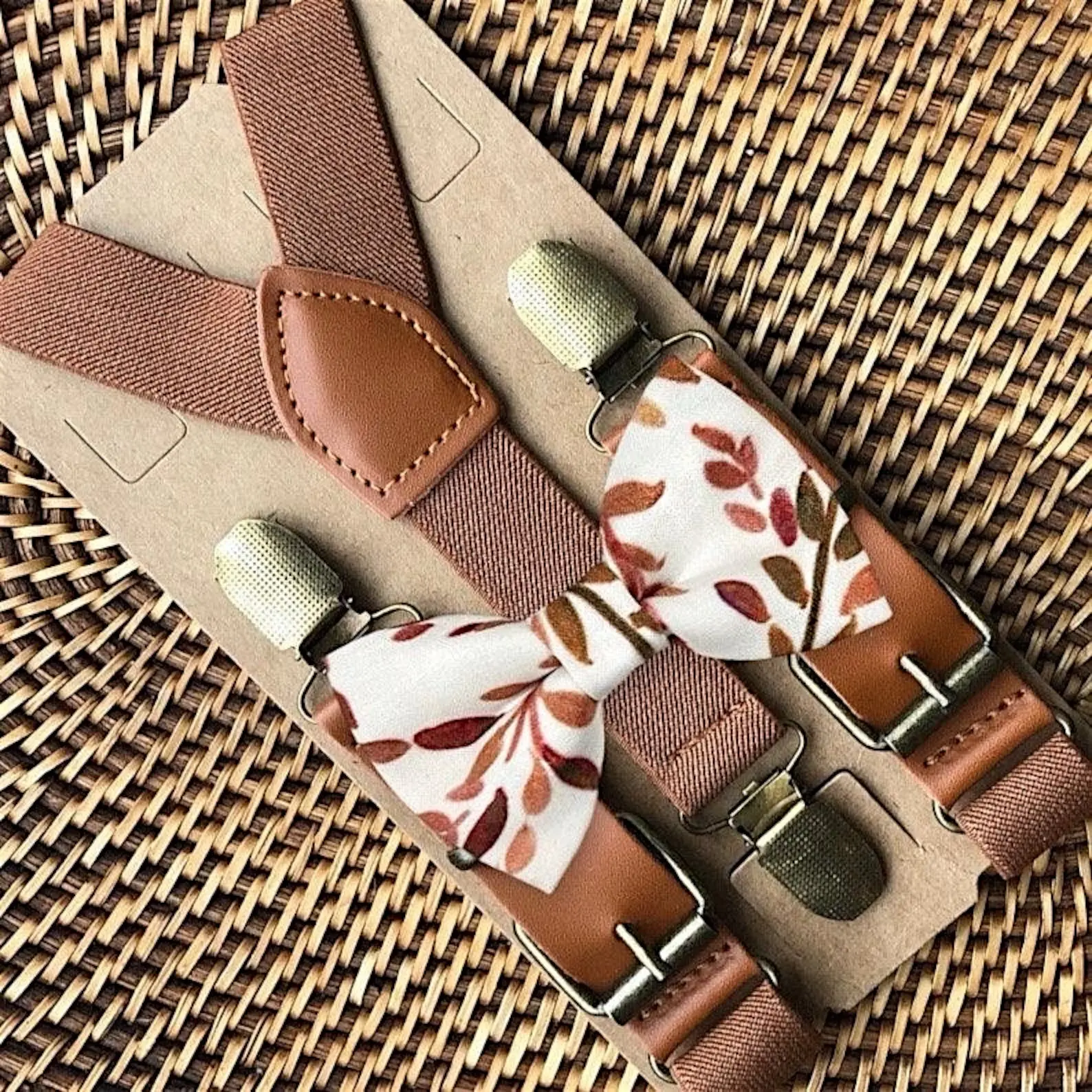 Terracotta Floral Bow Tie & Cognac Buckle Suspenders Set