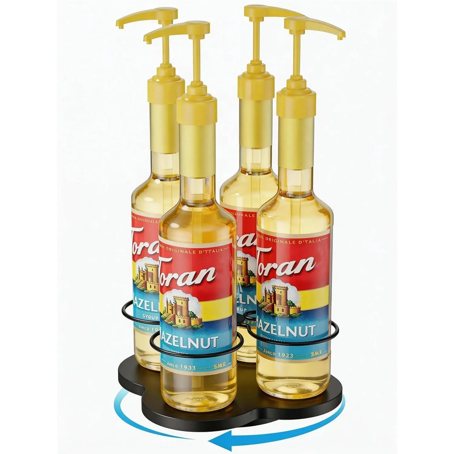 Rotatable Coffee Syrup Organizer - 4-Bottle Wood Dispenser Bottle Racks & Displays for Countertop, 16.9oz Organization for Black Coffee Bar Station
