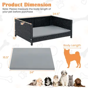 COSTWAY - Rattan Dog Bed with Waterproof Soft Cushion for Medium Small Dogs Cats-Gray