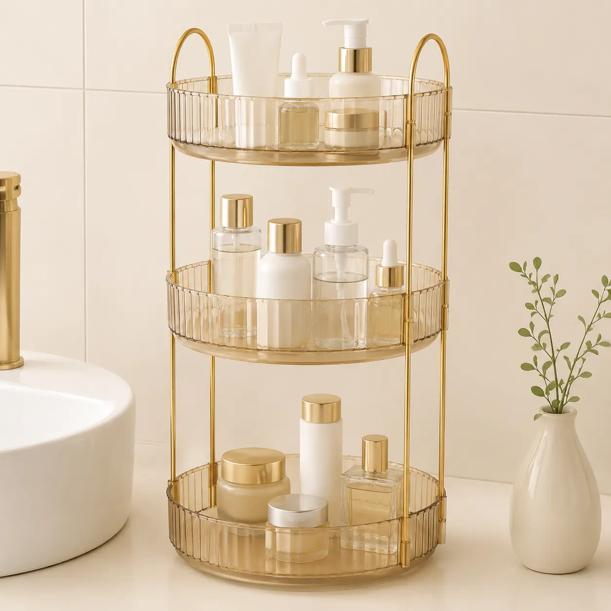 Light Luxury 360° Rotatable Plastic/Metal Box Organizer, Eco-Friendly Durable Lightweight Adjustable Storage with Compartments for Beauty Vanity Organization