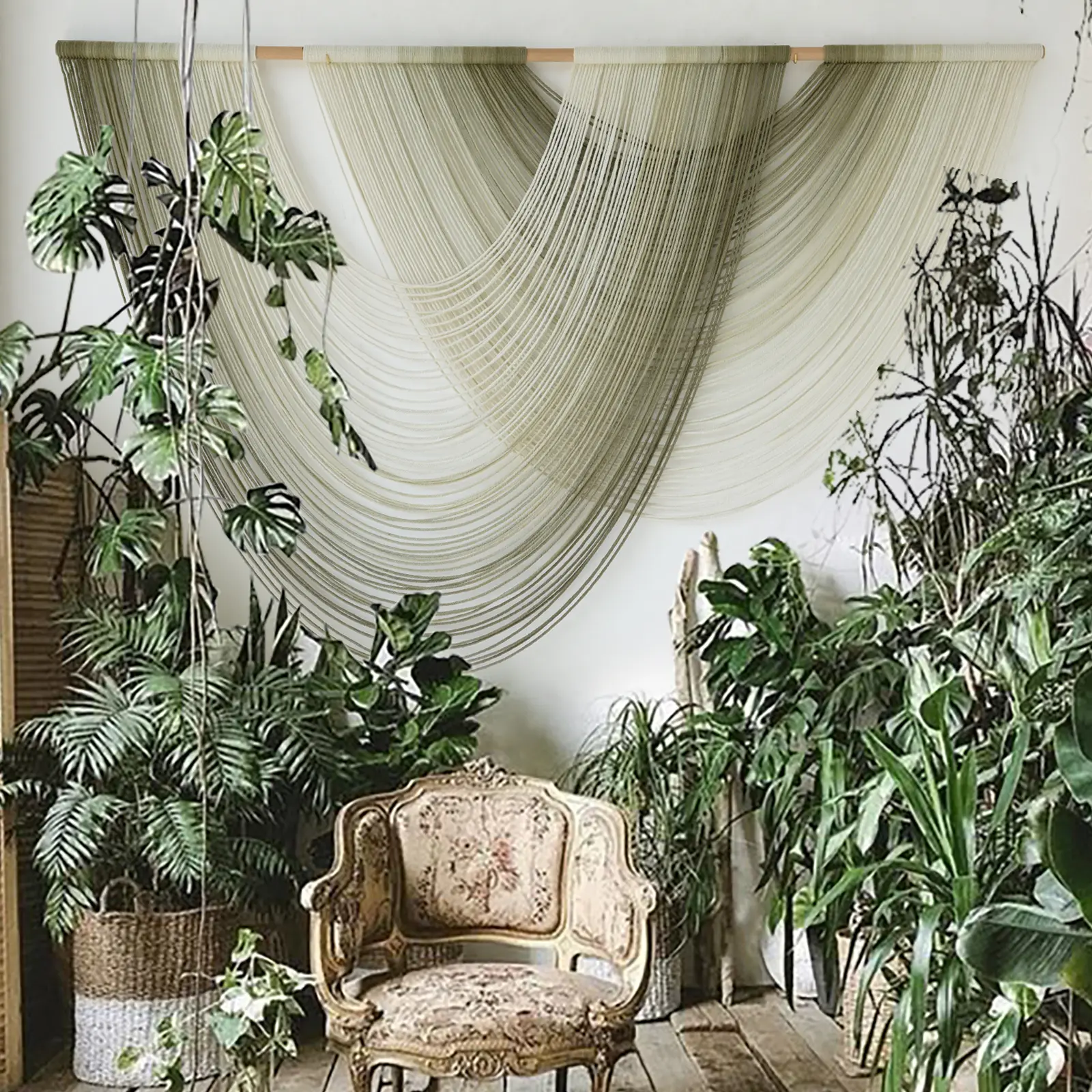 Macrame Wall Hanging Boho Wall Decor Tapestry Dip Dyed Ombre Moss Green Handmade Wall Art Woven Cotton Rope Backdrop with for Bedroom Living Room, 57" W x 39" L