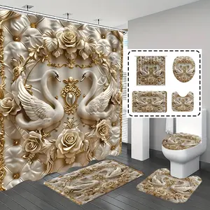 [Popular Choice]1pc/4pcs, bathroom curtains shower, bathroom set, shower curtains, bathroom decor,bathroom rug, Home Decoration, bathroom mat, Swan Pattern, Baroque Theme Decoration, Bathroom Set, with 12 hooks, Bathroom Decoration Accessories