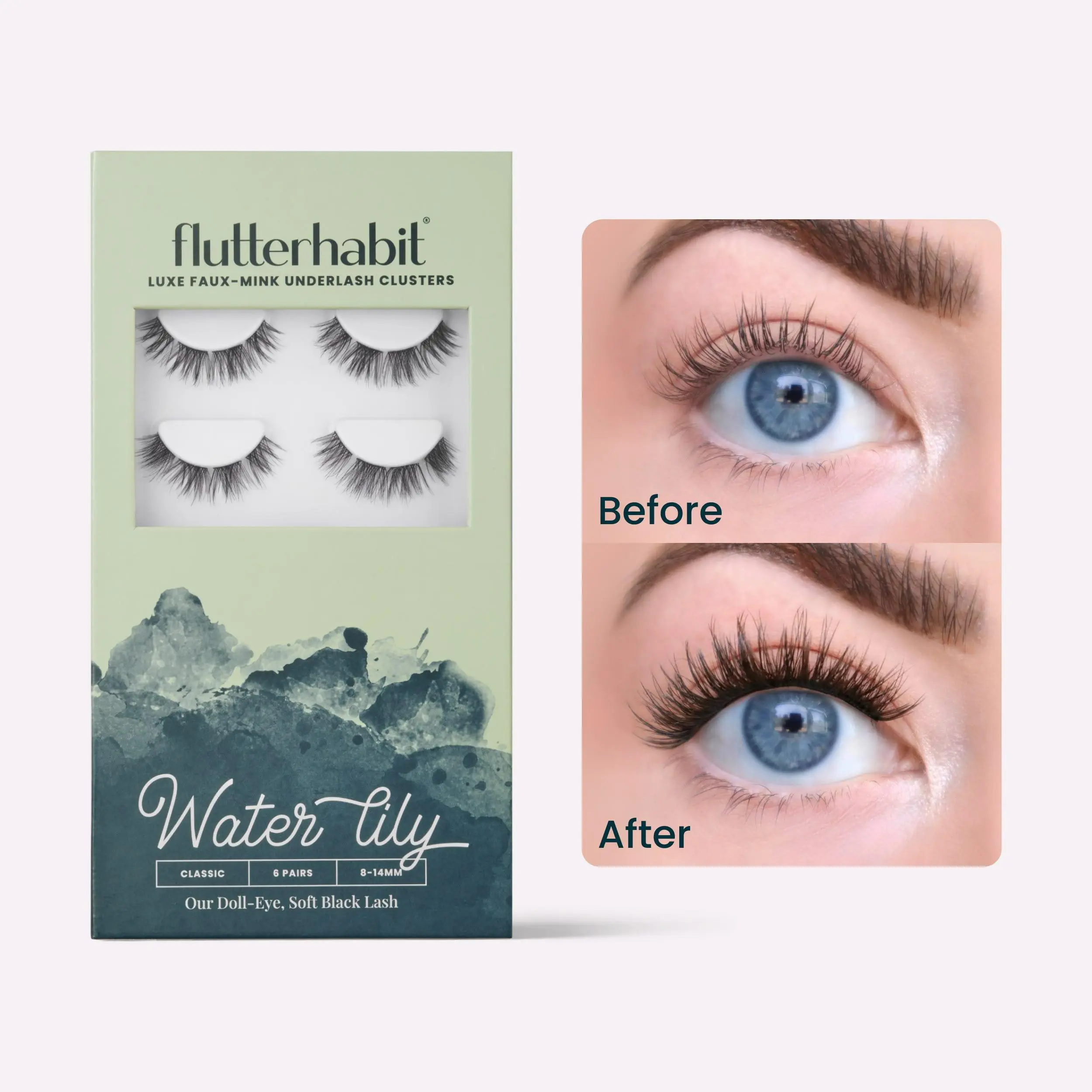 FlutterHabit Water Lily 6-Pack DIY False Eyelash Extensions 8-14mm Classic C Curl Mixed Black Brown Under Lash Application Method