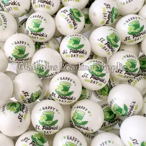 20mm Saint Patrick Print Acrylic Bead, Clover, Gnome, Bubblegum, Chunky Round, Gumball, Beading Supplies