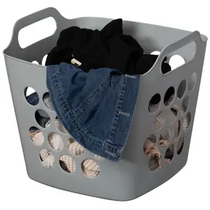 212 MAIN Gray Flexible Plastic Laundry Basket - 28L Large Square Single Compartment, Waterproof Clothes Storage Basket Sorter, Portable Modern Home Organizer with Side Handle Cutouts, Ventilation, Laundry Basket Sorter