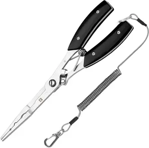 Pliers Hook Remover: 8" Long Nose Fish Pliers for Saltwater - Stainless Steel Braid Line Cutters with Coiled Lanyard and Safety Lock Design, Multi-Function  Tool For Men, H06