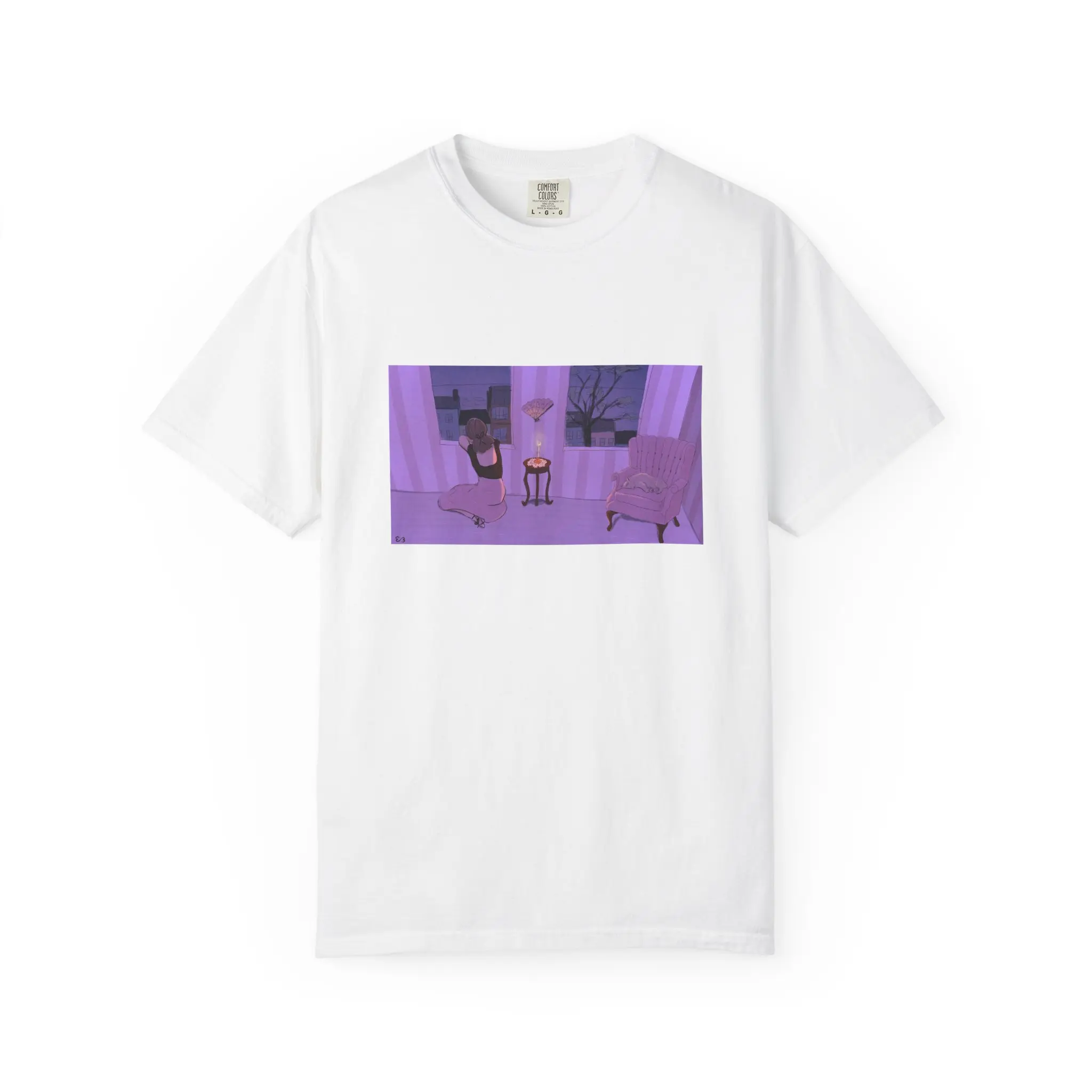 Cozy Purple Living Room Scene T-shirt | Illustrated Interior, Cat and Armchair
