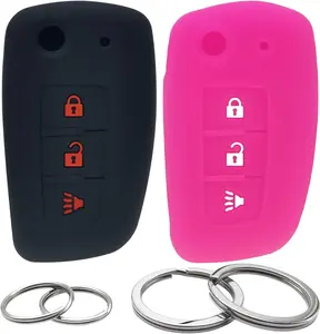 2 Pcs Silicone 3 Buttons Key Fob Cover Remote Case Keyless Protector Compatible with Nissan Rogue/Rogue Select/Rogue Sport CWTWB1G767 (Black & Hot Pink)