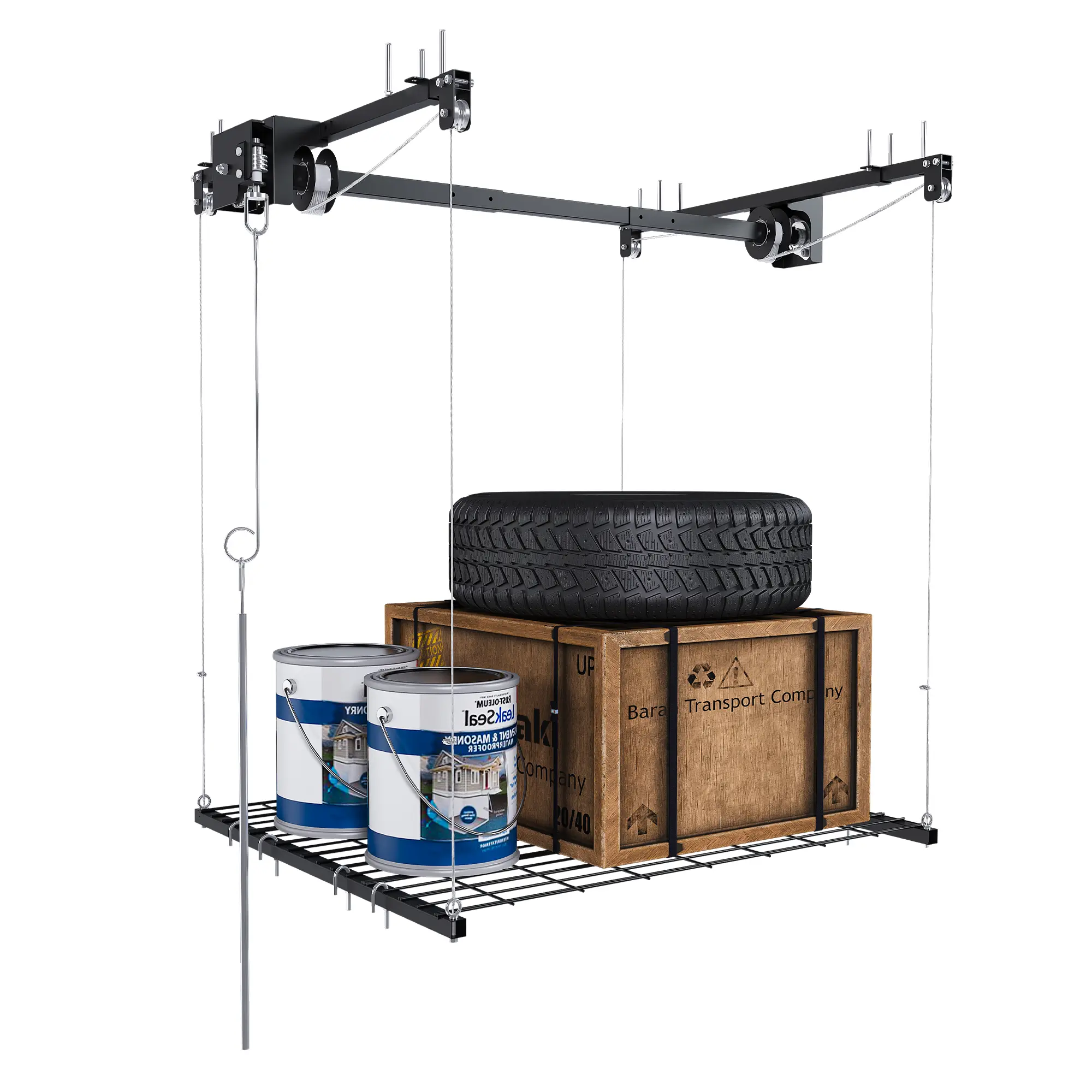 All-Steel Overhead Garage Storage Rack, 4x4/3x6 FT Adjustable Organiser for 10-12 FT High Ceilings, 250/270LBS Durable Capacity, Smooth Crank-Down System with Safety Lock, Easy Installation