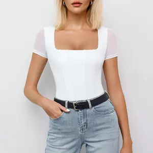 Avidlove Women's Short Sleeve Bodysuits Square Neck Body Suit Mesh Double Lined Tshirt Leotard Tops Going Out