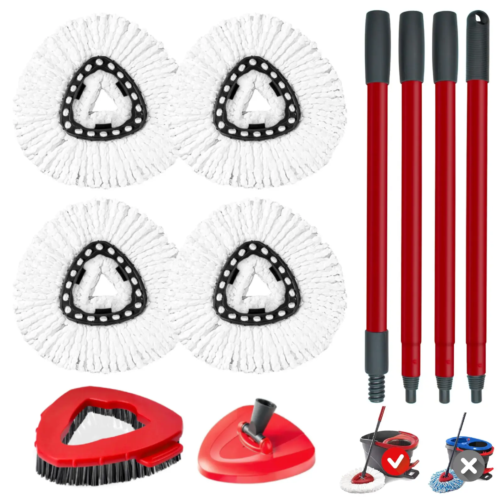 Durable O-Cedar EasyWring 1-Tank System Replacement Mop Head & Scrub Brush Pack, 1-Tank-4 Mop Heads+1 Brush+1 Base, 4in Inner Rim, Adjustable, Dry/Wet Use, Rotate Cleaning, Machine Washable, Easy Install, Smooth Floor Clean, Bucket & Handle Not Included
