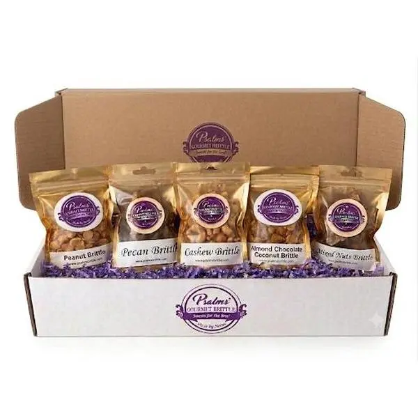 Super Nibble Brittle Box (5 pack) Flavors of Pecan, Cashew, Almond Chocolate Coconut, Peanut and Mixed Nuts