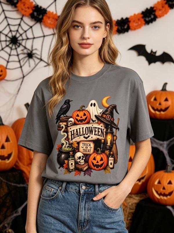 Women's Plus Size Oversized Crew Neck Short Sleeve Tshirt - Boho, Cute, Lightweight Graphic Print Halloween Top with Witch, Ghost, Pumpkin Designs, Comfortable Fit for Casual Trick-or-Treat, Autumn Wear