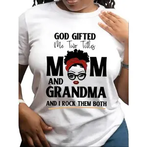 Women's Casual Round Neck T-Shirt with "God Gifted Me Two Titles Mom and Grandma" Print Short Sleeve Medium Length All Seasons Cotton Top
