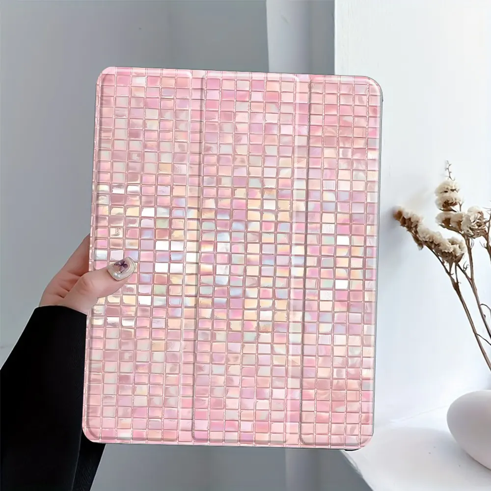 Pink Iridescent Pearl Mosaic Tablet Case, Protective Covers, Protective, 3-Tier Stand Transparent Acrylic Hard Back with Pencil Slot, Auto Wake/Sleep Shockproof Full Cover, Fits 7.9/8.3/10.2/10.5 Inch Tablets, suitable for office, school, home, gift