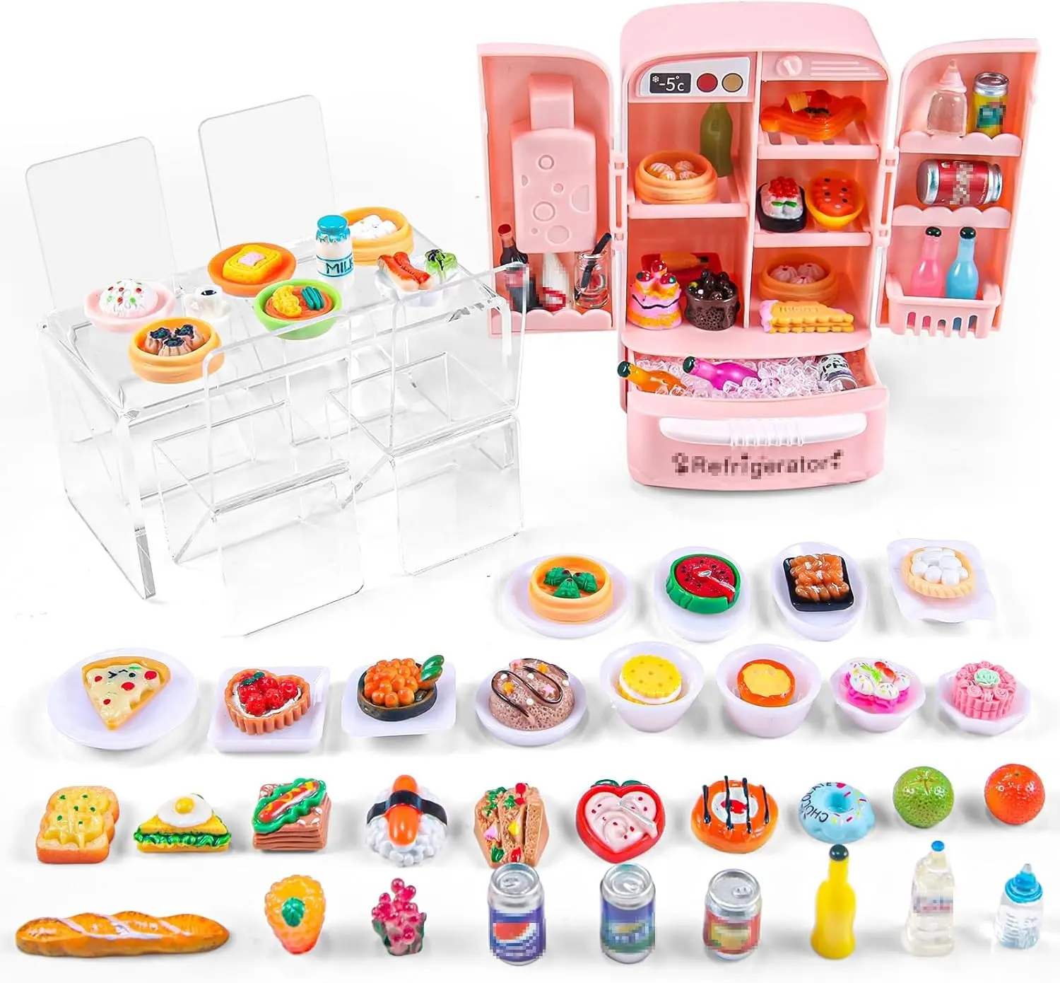 95 Pcs Dollhouse Mini Refrigerator Toy Food Set Kitchen Furniture Miniatures Pretend Play Game for Children with Fruits Juice Milk Desserts Cake Fake Ice Cubes