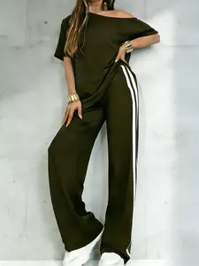 Women's Casual Sportswear Set, One-Shoulder Short Sleeve Top and Striped Long Pants, Spring Summer Two-Piece, Athleisure Summer Clothes, Versatile Fashion, Athleisure Wear Set, Athleisure Activewear Set