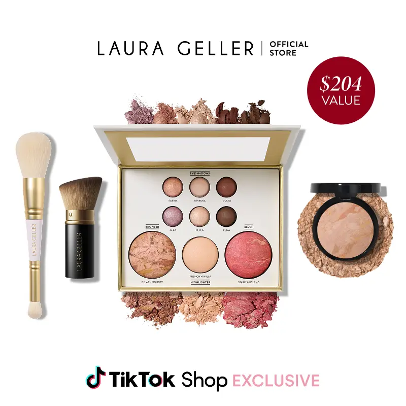 Laura Geller Tuscan Dreams Holiday Baked Starter Kit 4PC - Full Face Makeup Palette with Powder Foundation and Brushes for Flawless Skin - Beauty Kit