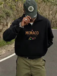 Vintage Monaco Monte Carlo Track Print Half-Zip Pullover, Soft Fleece Comfortable Men's Sweatshirt, Half Zip Sweatshirts, Street Style Casual Top