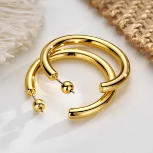 Oufer  Logo Carved 18K Real Gold Plating High Polish Water Safe Hoop Earring in Silver & Gold Outter Diameter 36mm 23mm