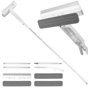 Window Cleaner Squeegee Tool with Long Handle, Window Spray Cleaning Tool with 14 inch Squeegee Blade and Sponge Scrubber for Indoor & Outdoor Glass, Showers, Mirrors, Countertops and Tiles