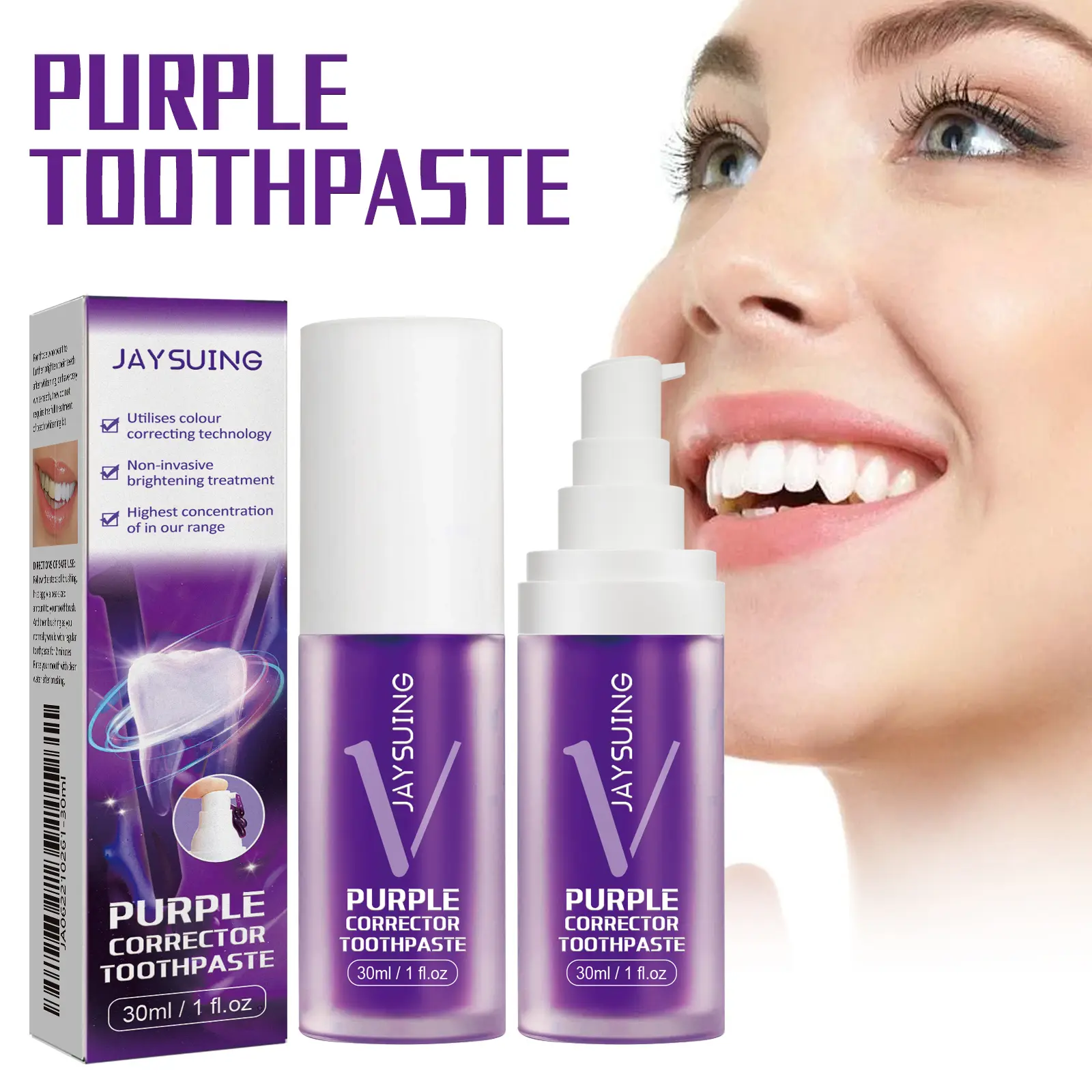Purple Color Correcting Serum for Instant Teeth Brightening, Deep Cleansing and Stain Removal, 30ml Oral Care for Adults, Bright White Toothpaste, Teeth Stain Cleaner, Whitening, Oxidizes Tooth Stains