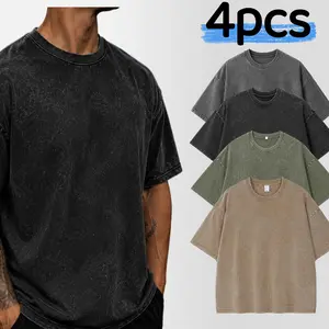 1/4 Pack Men's Vintage Acid Wash Blank Tees - Oversized 100% Cotton Heavyweight T-Shirt Drop Shoulder Streetwear & Gym Essentials