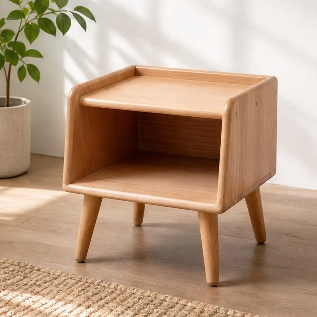Solid Wood Bedside Cabinet Nightstand European Beech Small Side Table with Open Storage and Cable Management for Bedroom, Natural Finish, 15.75x15.75x13.78 Inches, Easy Assembly, Natural Color Options, Solid Wood Material, Product Dimensions: