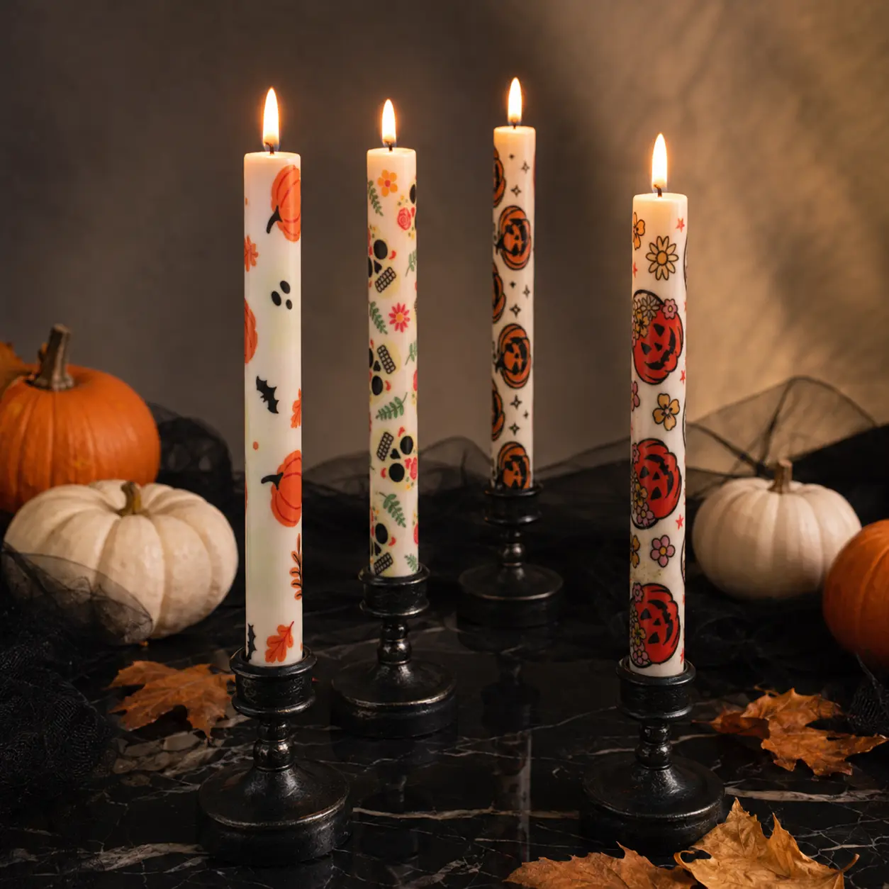 Halloween Flameless Taper Candle Set with Remote, Flickering Light, 2/4/6/8H Timer, Dimmable Battery Operated Table Decor