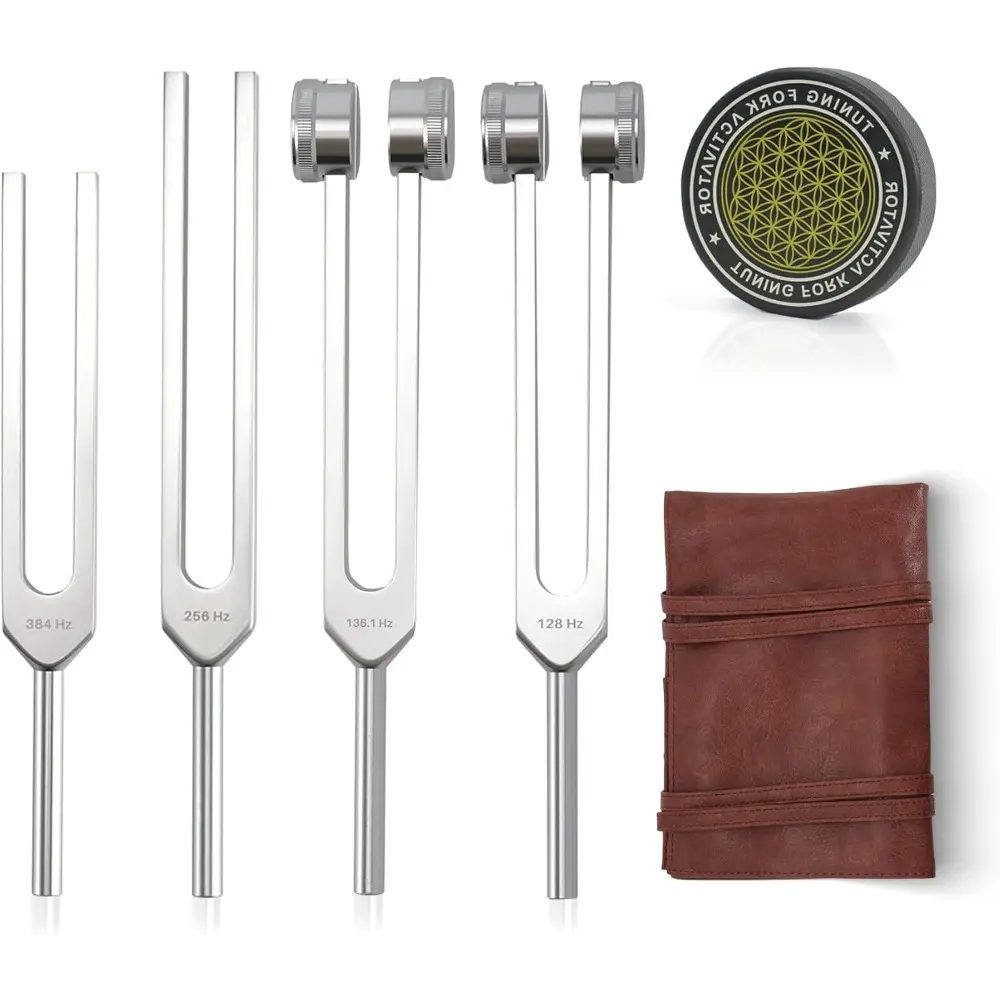 Aluminum Tuning Forks Set - 128Hz,136Hz,256Hz,384Hz with Activator, Portable Red Leather Pouch - Yoga, Meditation Healing Sound Instruments for Chakra Balance, Ideal Gift Ideas for Birthdays