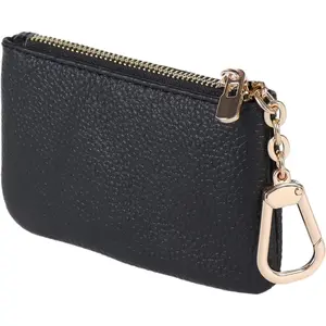 BYB7 Full Grain Leather Coin Purse With Key Chain - Small Change Purse Card Holder Keychain Pouch Wallet for Women and Men (Black)