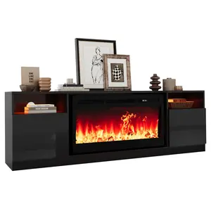 【Christmas Deal】GARVEE 70 in Fireplace Stand with 36 in Electric Fireplace, 12 Flame Colors, Adjustable Temperature 62-82°F, Remote Control, Timer, High Gloss Entertainment Center for Screens Up to 80 in, Mode-B